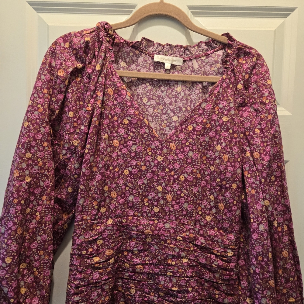LoveShackFancy Mini Dress 4 Floral Red Pink Ruffled Tiered Long Sleeve Ruched - Picture 4 of 10
